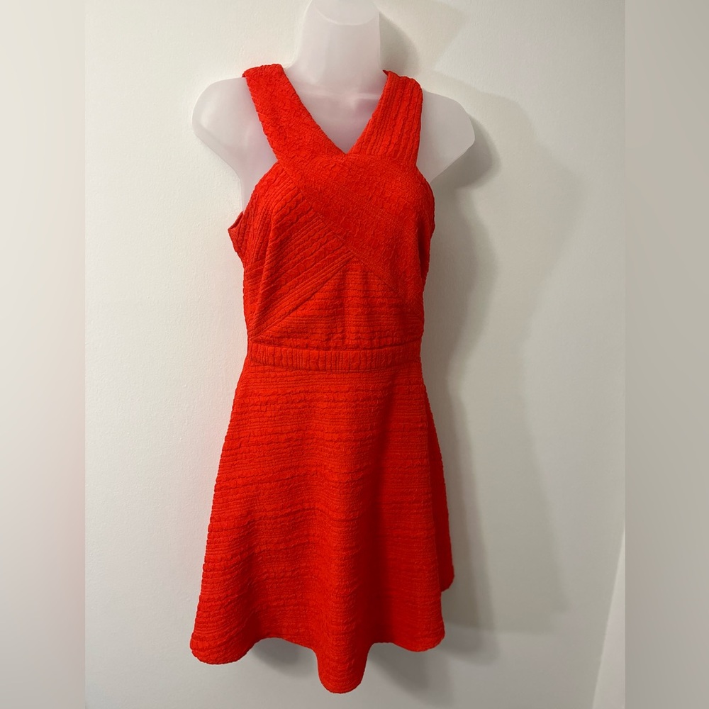 Sugarlips Bright Red Orange Textured V-Neck Ruffle Bohemian Dress Size Small